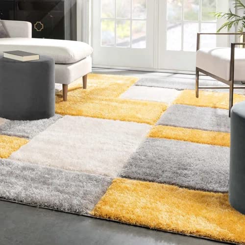 Handcrafted Super Soft Microfiber Shaggy Yellow Silver Ivory Box Shape Carpet Nuha Rugs