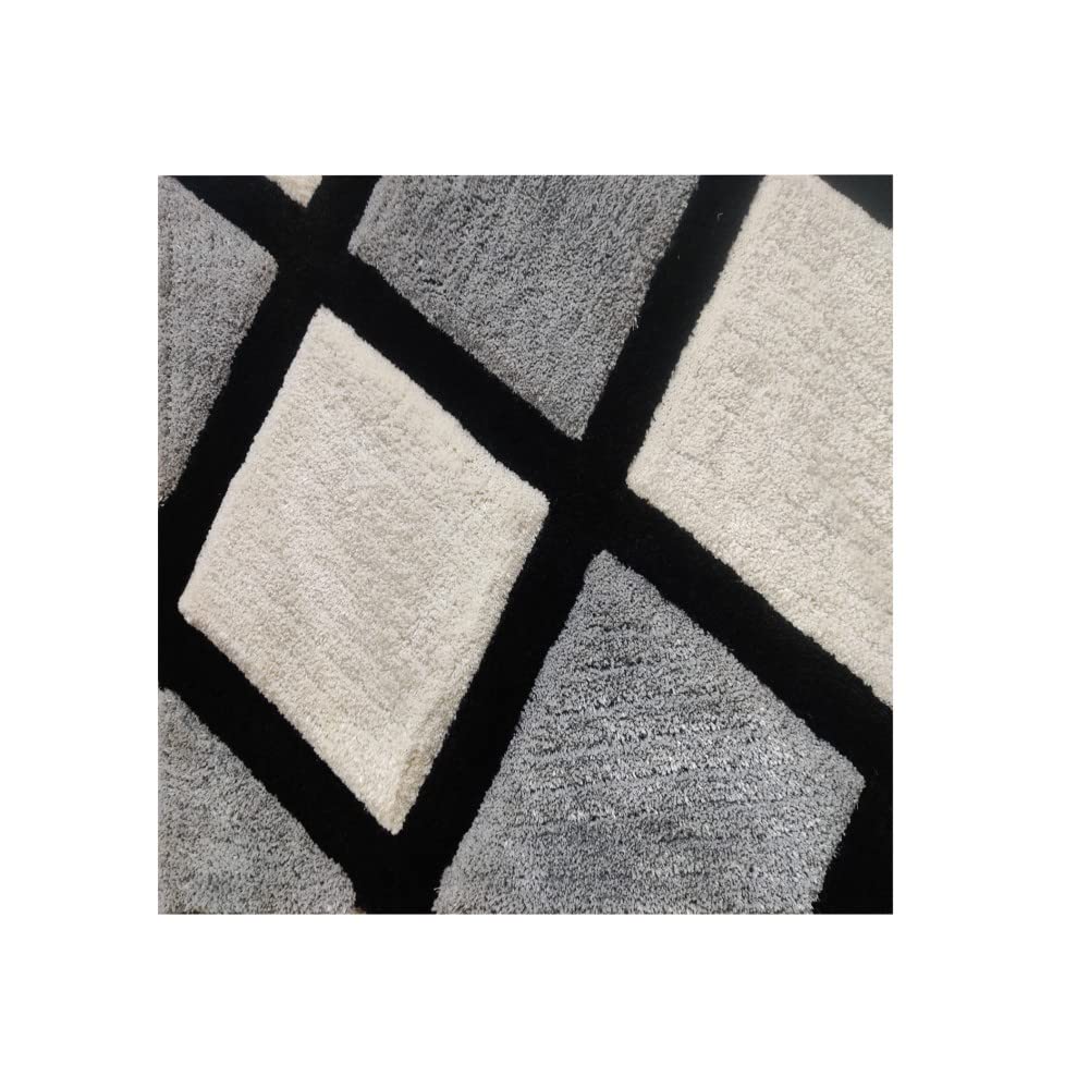 Handcrafted Super Soft Microfiber Shaggy Black Silver Ivory Rhombus Shape Carpet Nuha Rugs