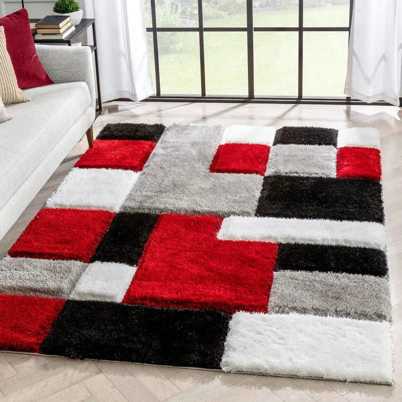 Handcrafted Super Soft Microfiber Shaggy Red Black Silver Ivory Box Shape Carpet Nuha Rugs