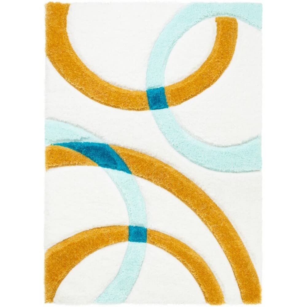Handcrafted Super Soft Microfiber Shaggy Yellow Turquoise Ivory Ring Shape Carpet Nuha Rugs