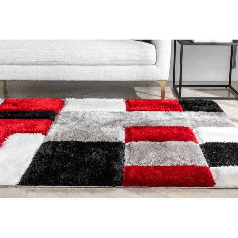 Handcrafted Super Soft Microfiber Shaggy Red Black Silver Ivory Box Shape Carpet Nuha Rugs