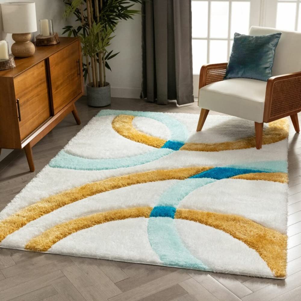 Handcrafted Super Soft Microfiber Shaggy Yellow Turquoise Ivory Ring Shape Carpet Nuha Rugs