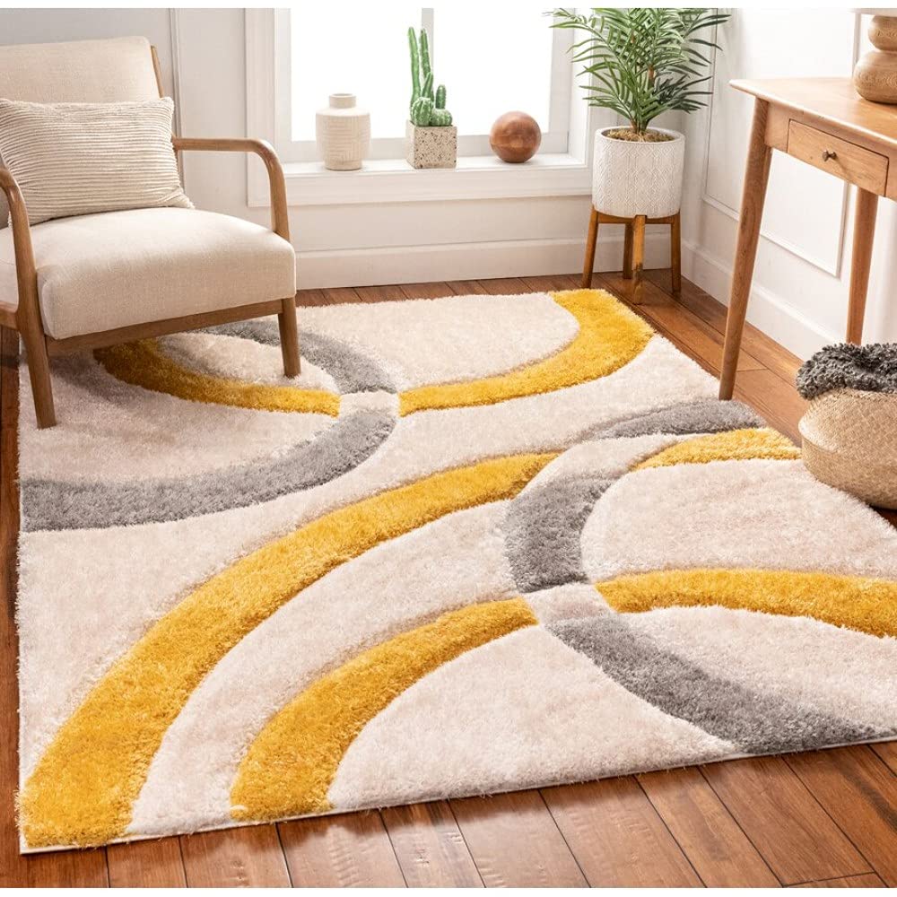 Handcrafted Super Soft Microfiber Shaggy Yellow Silver Ivory Ring Shape Carpet Nuha Rugs