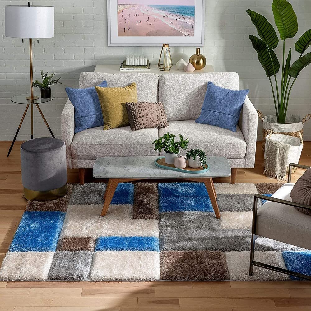 Handcrafted Super Soft Microfiber Shaggy Blue Ivory Silver Box Shape Carpet Nuha Rugs