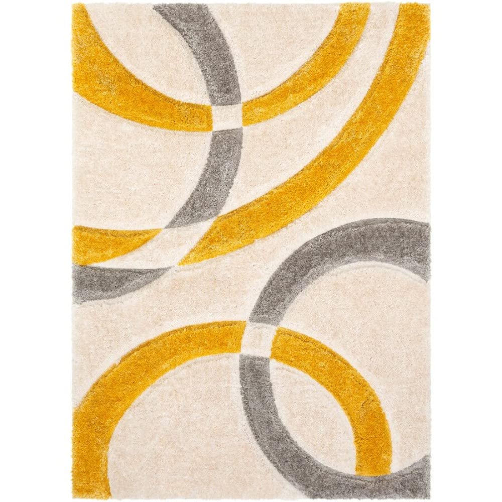 Handcrafted Super Soft Microfiber Shaggy Yellow Silver Ivory Ring Shape Carpet Nuha Rugs