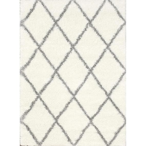 Handcrafted Super Soft Microfiber Shaggy Ivory Grey Trellis Carpet Nuha Rugs