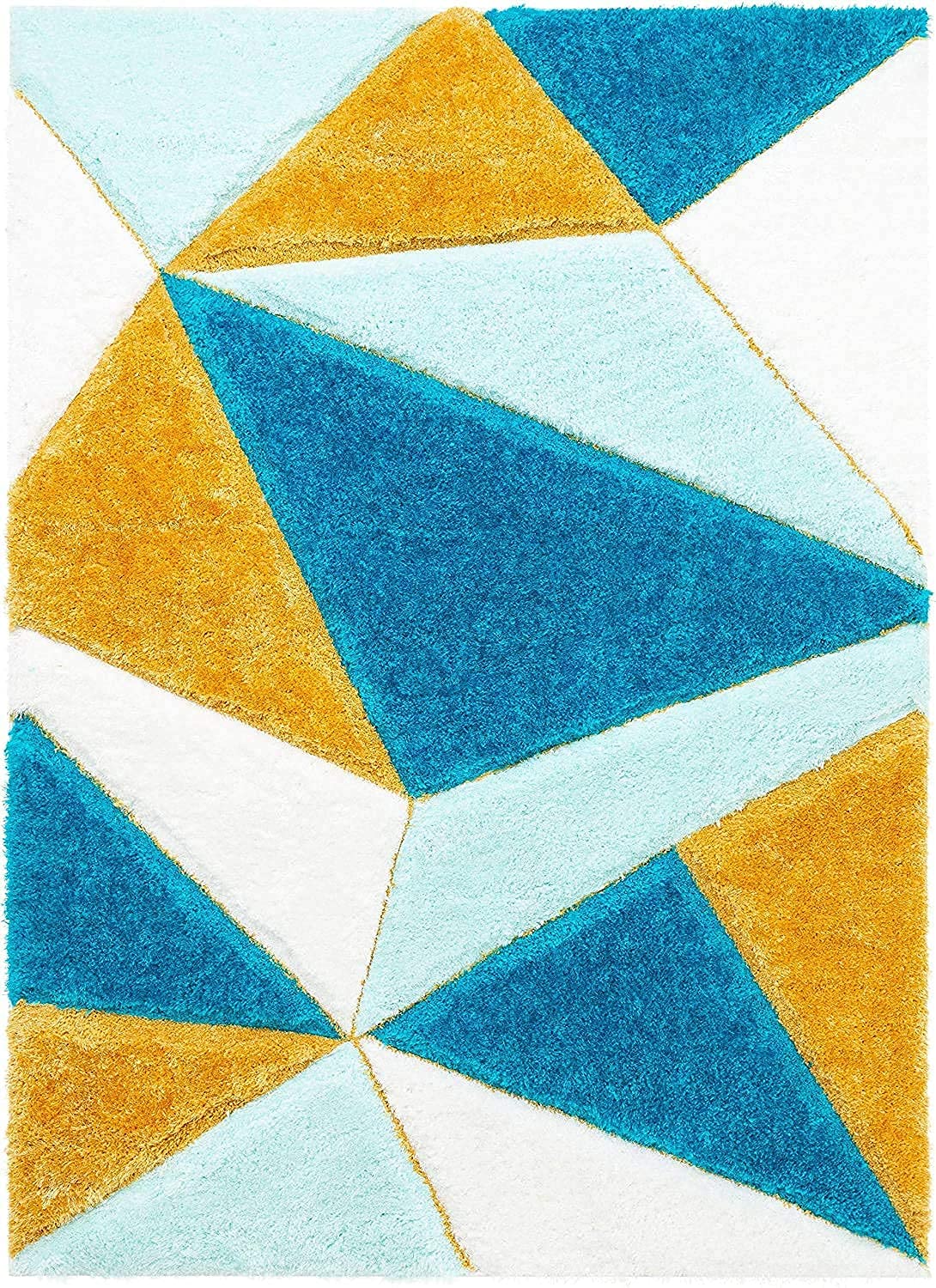 Handcrafted Super Soft Microfiber Shaggy Yellow Turquoise Ivory Diamond Shape Carpet Nuha Rugs