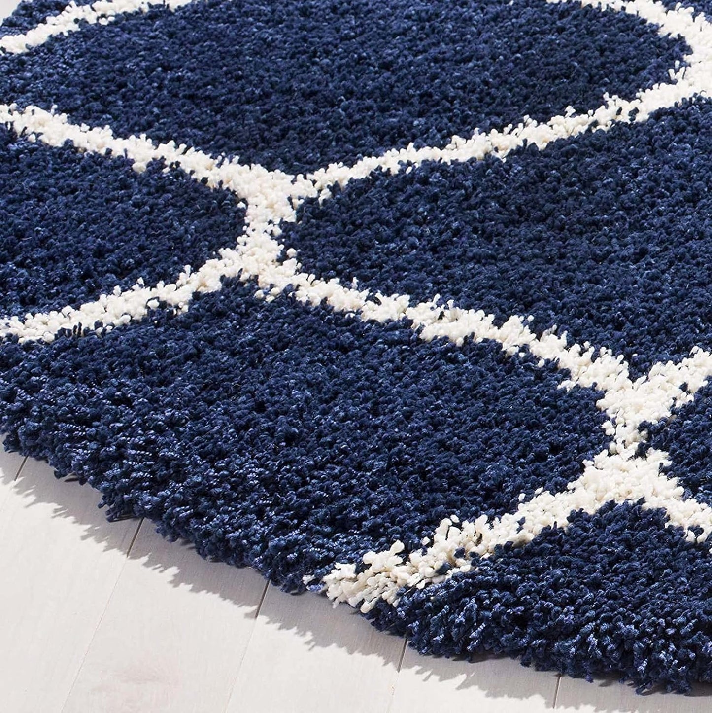 Handcrafted Super Soft Microfiber Shaggy Navy Blue Moraccan Round Carpet Nuha Rugs