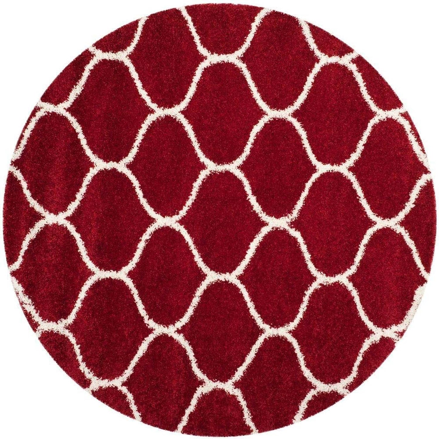 Handcrafted Super Soft Microfiber Shaggy Red Ivory Moraccan Round Carpet Nuha Rugs