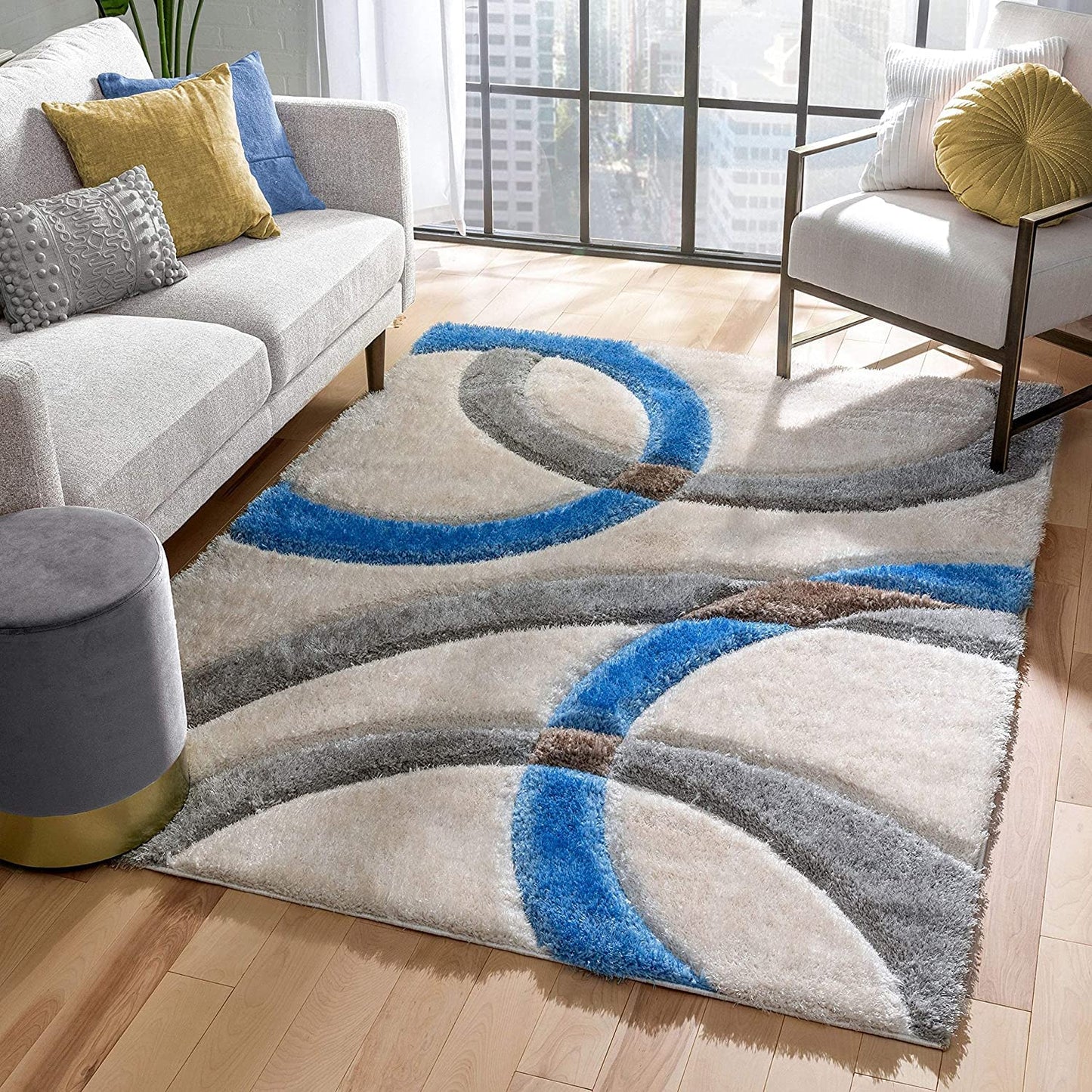 Handcrafted Super Soft Microfiber Shaggy Blue Ivory Silver Ring Shape Carpet Nuha Rugs