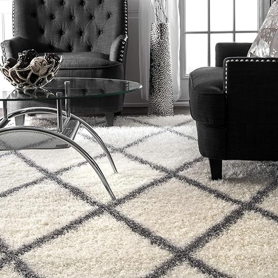 Handcrafted Super Soft Microfiber Shaggy Ivory Grey Trellis Carpet Nuha Rugs