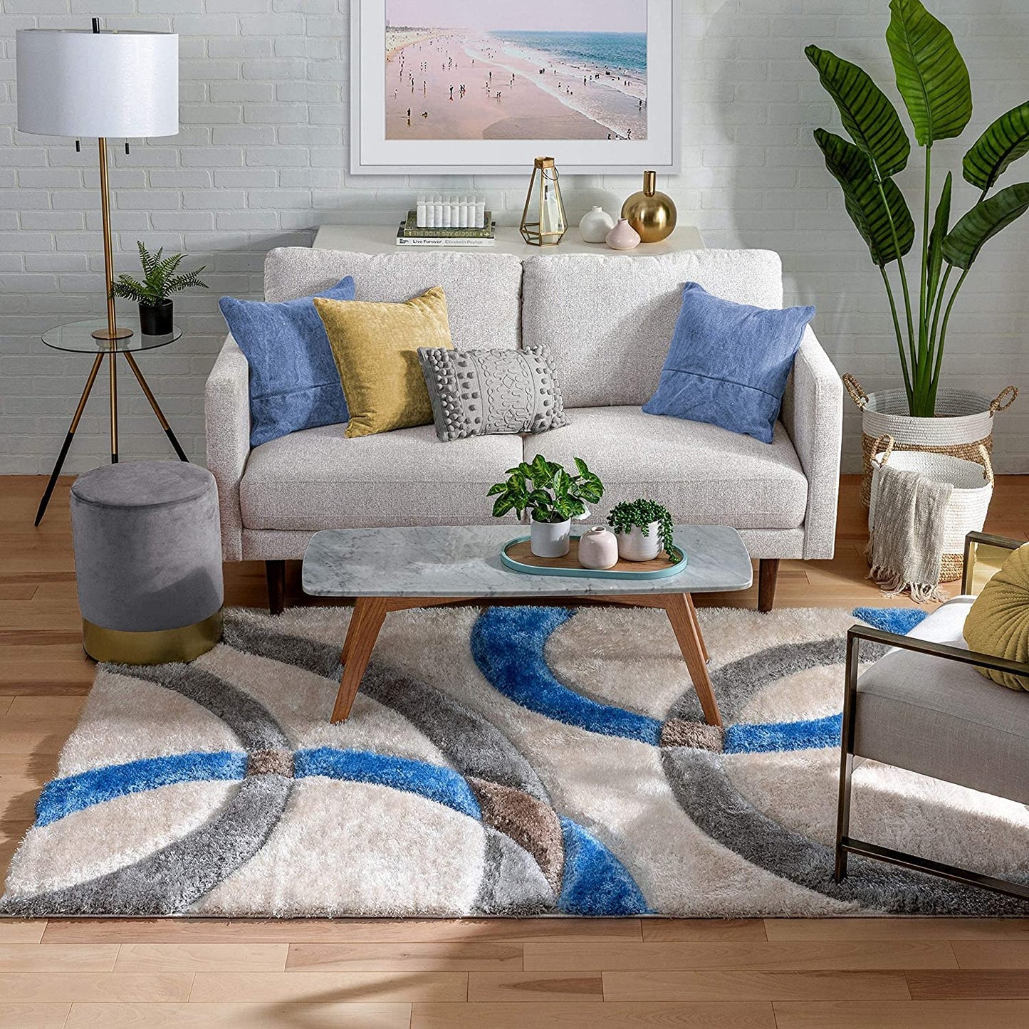 Handcrafted Super Soft Microfiber Shaggy Blue Ivory Silver Ring Shape Carpet Nuha Rugs