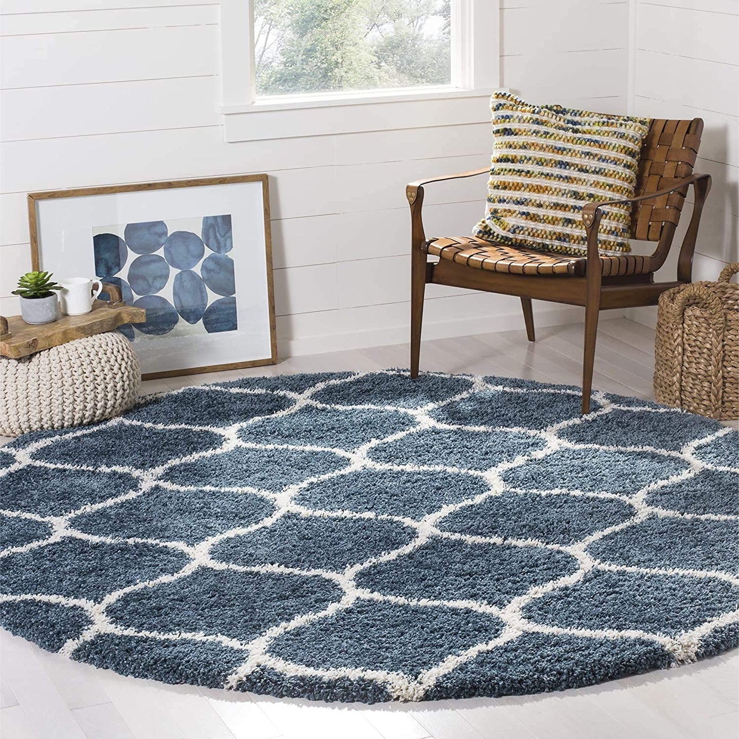 Handcrafted Super Soft Microfiber Shaggy Teal Blue Ivory Moraccan Round Carpet Nuha Rugs