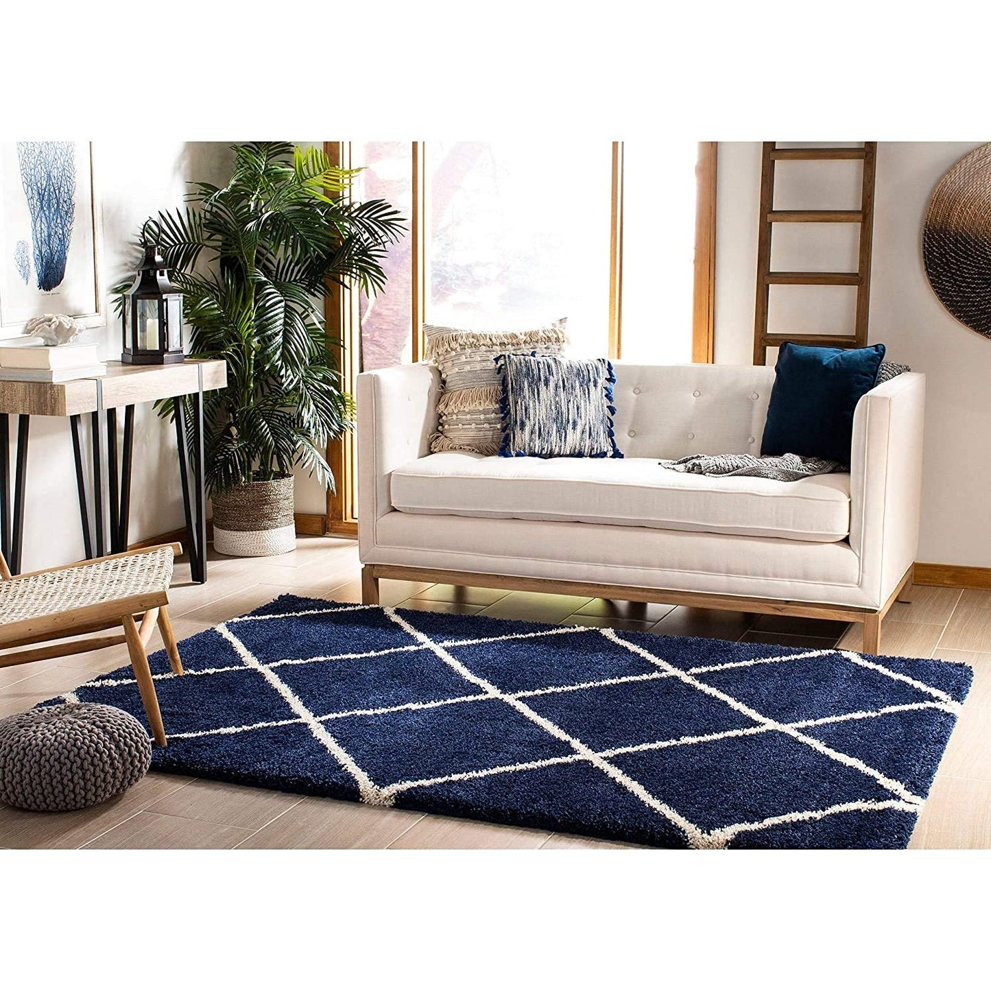 Handcrafted Super Soft Microfiber Shaggy Navy Blue and Ivory Carpet Nuha Rugs