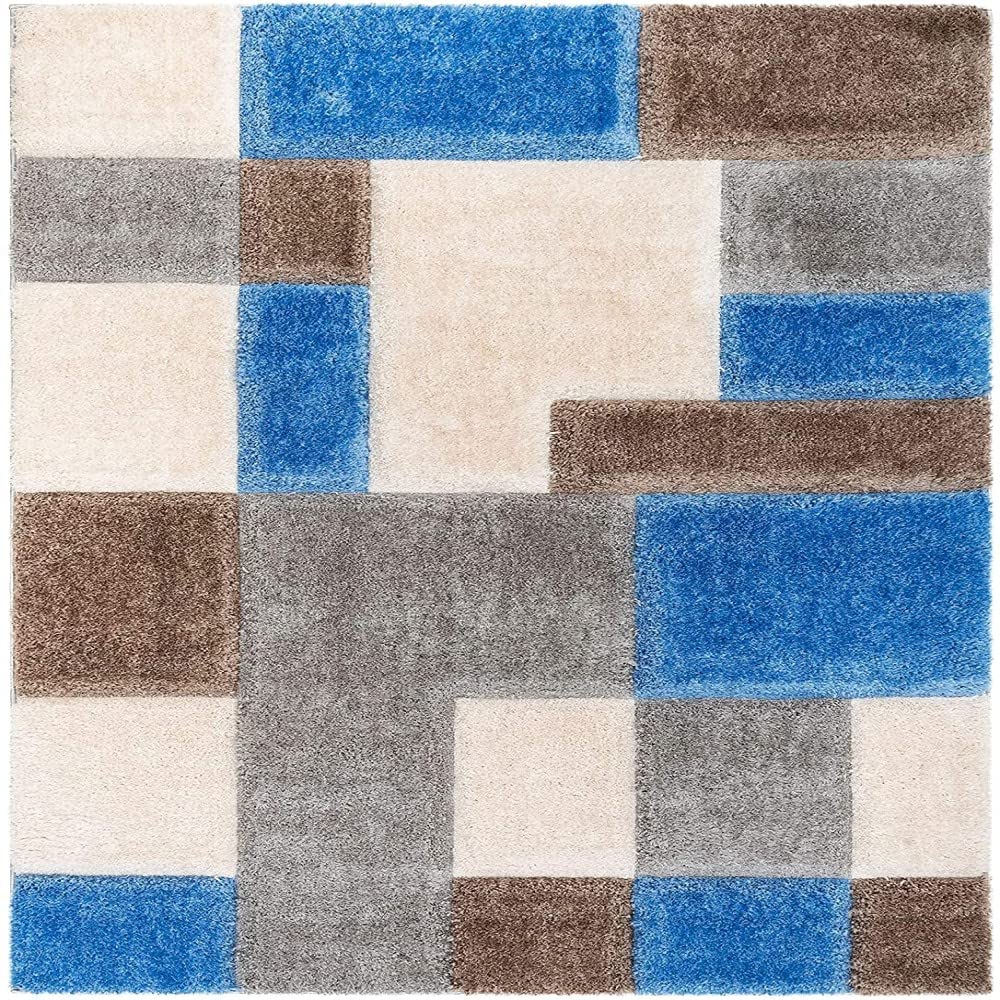 Handcrafted Super Soft Microfiber Shaggy Blue Ivory Silver Box Shape Carpet Nuha Rugs