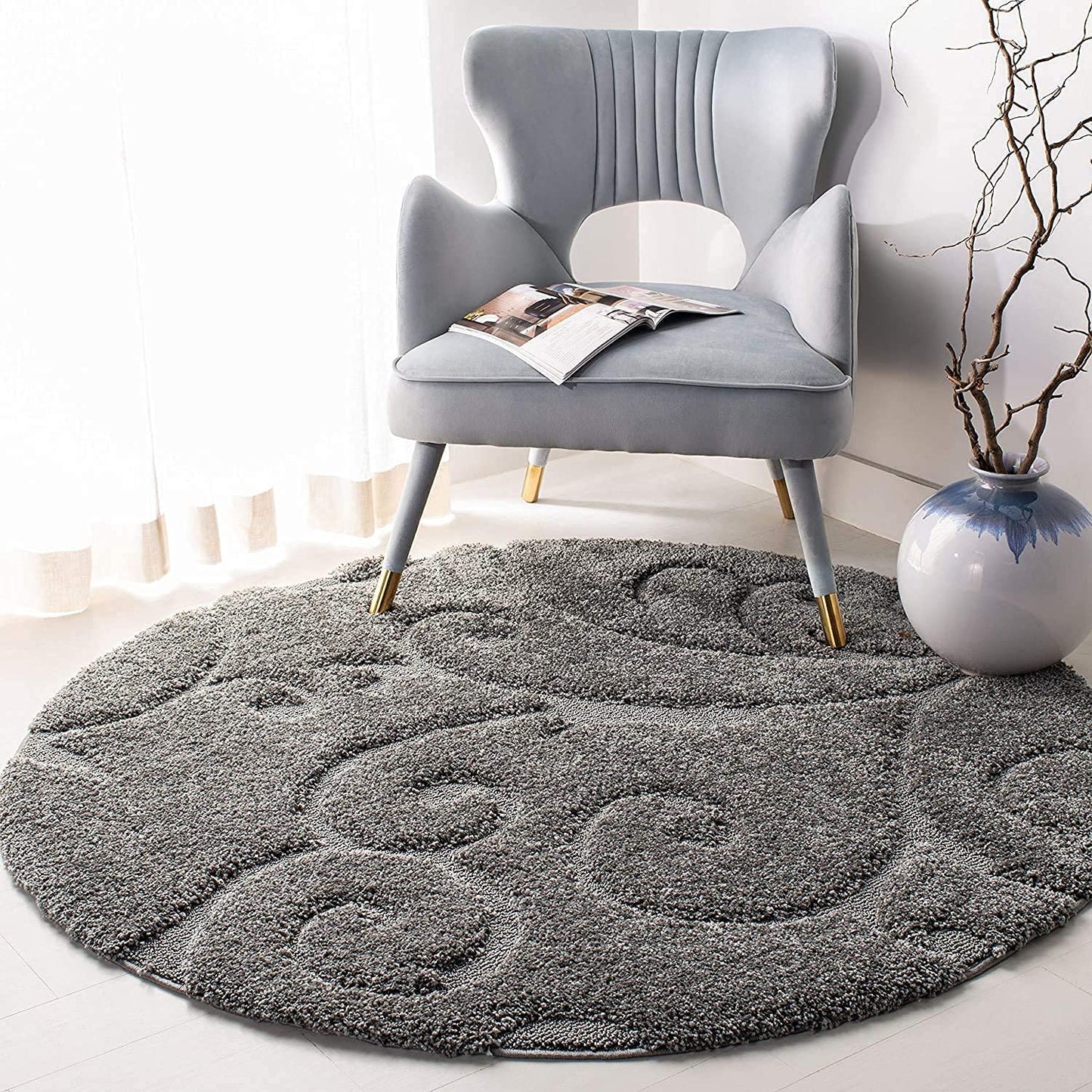 Handcrafted Super Soft Microfiber Shaggy Dark grey Flower Round Carpet Nuha Rugs