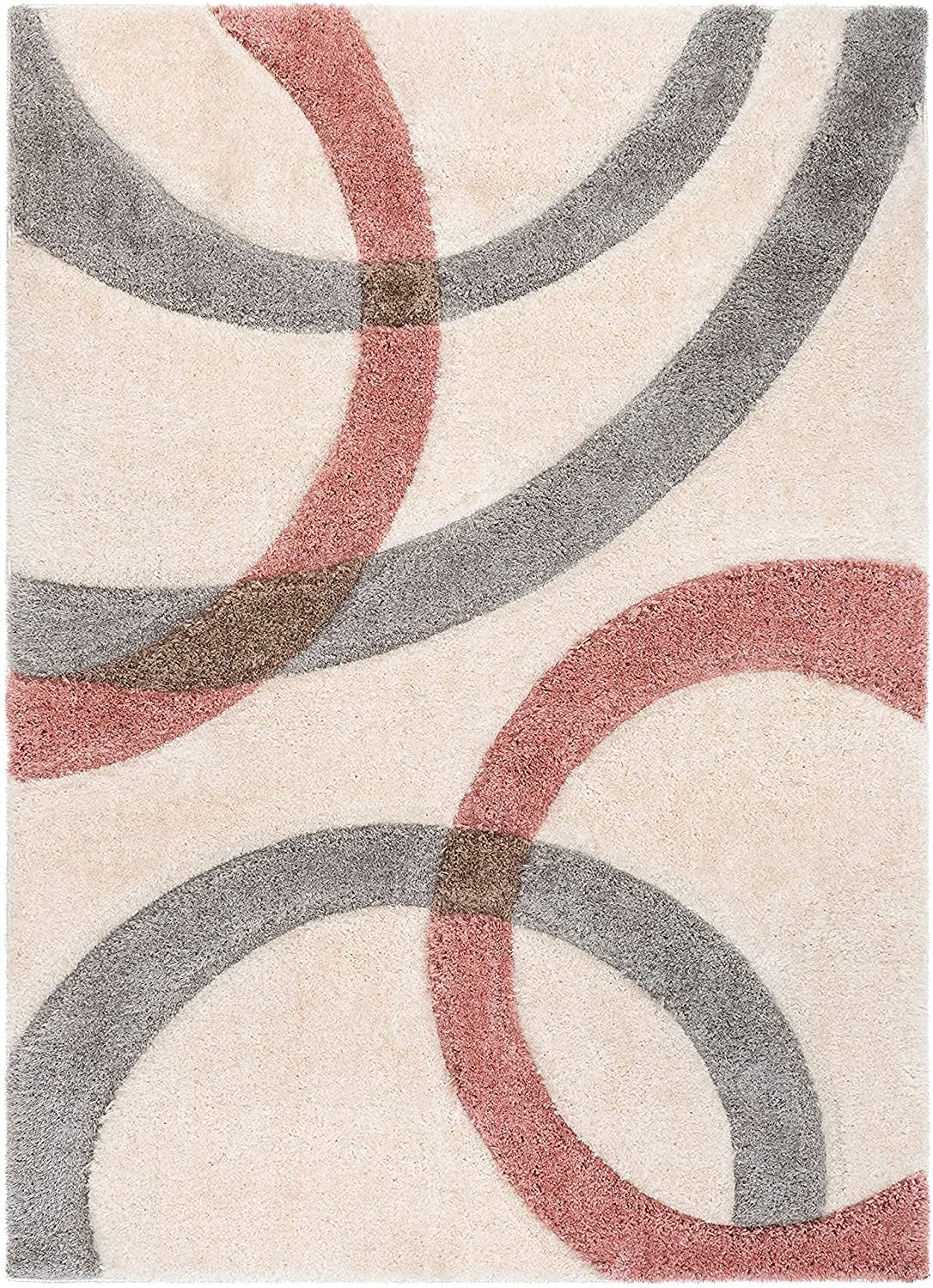 Handcrafted Super Soft Microfiber Shaggy Pink Silver Ivory Ring Shape Carpet Nuha Rugs