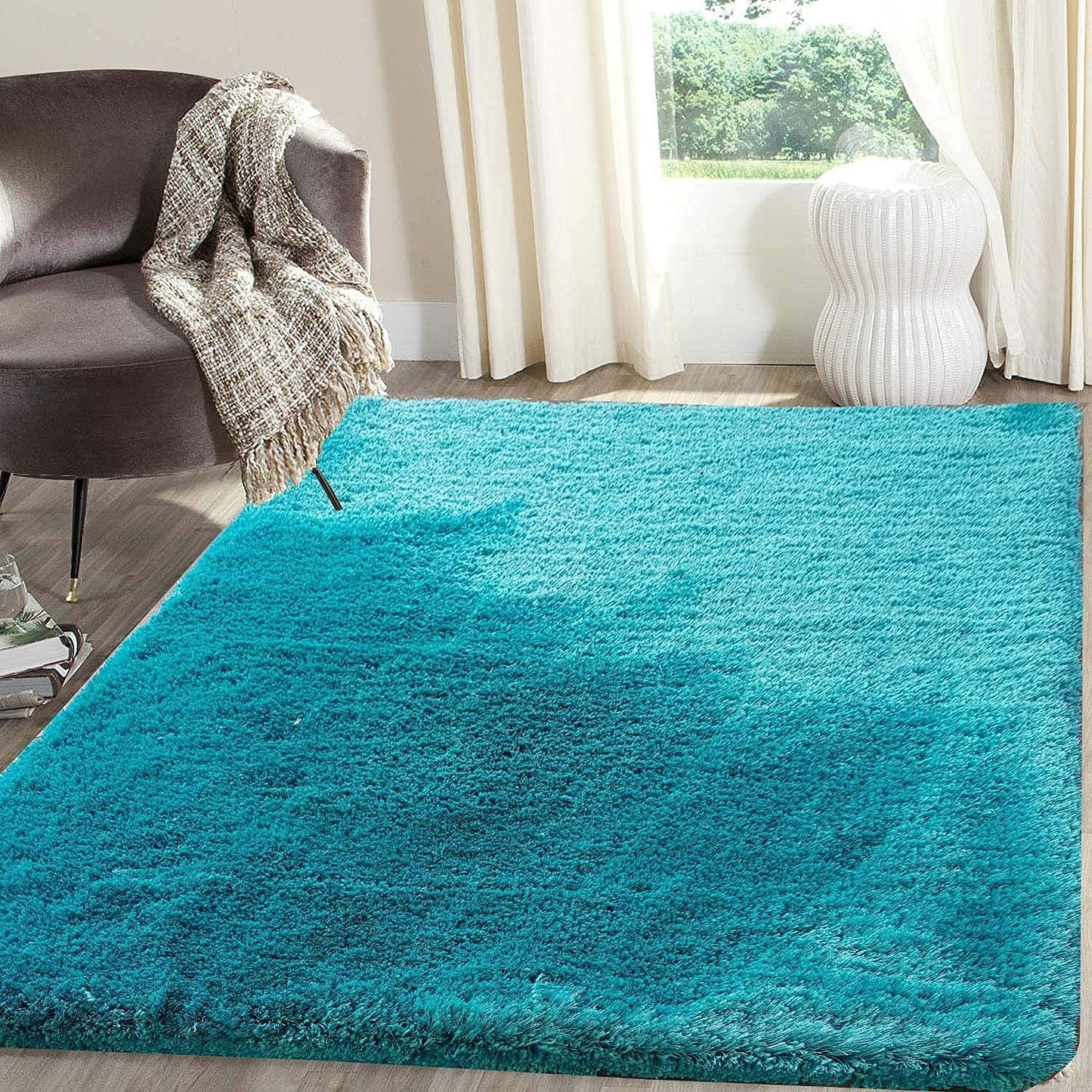 Handcrafted Super Soft Microfiber Shaggy Turquoise Carpet Nuha Rugs