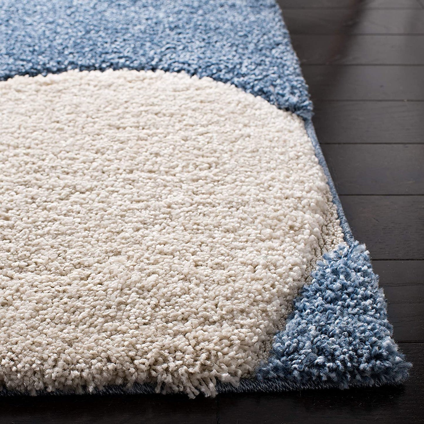 Handcrafted Super Soft Microfiber Shaggy Teal Blue Ivory Halfmoon Carpet Nuha Rugs