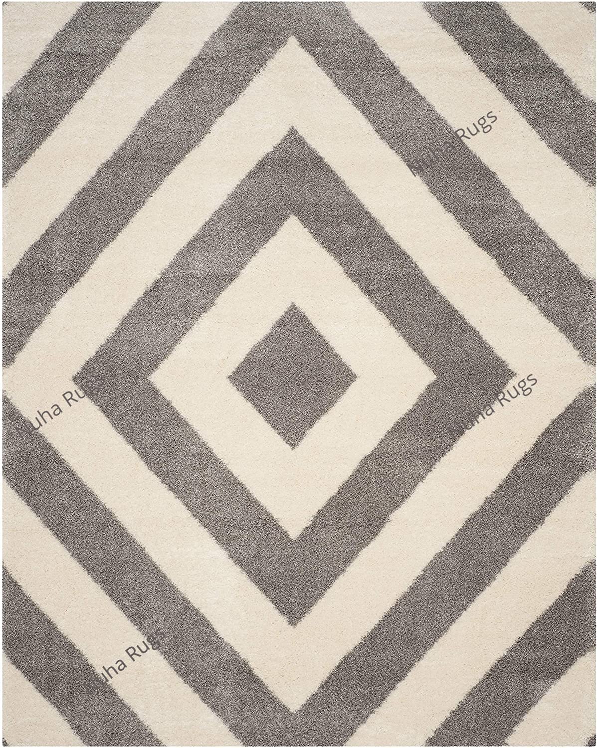 Handcrafted Super Soft Shaggy Grey Ivory Rhombus Design Carpet Nuha Rugs
