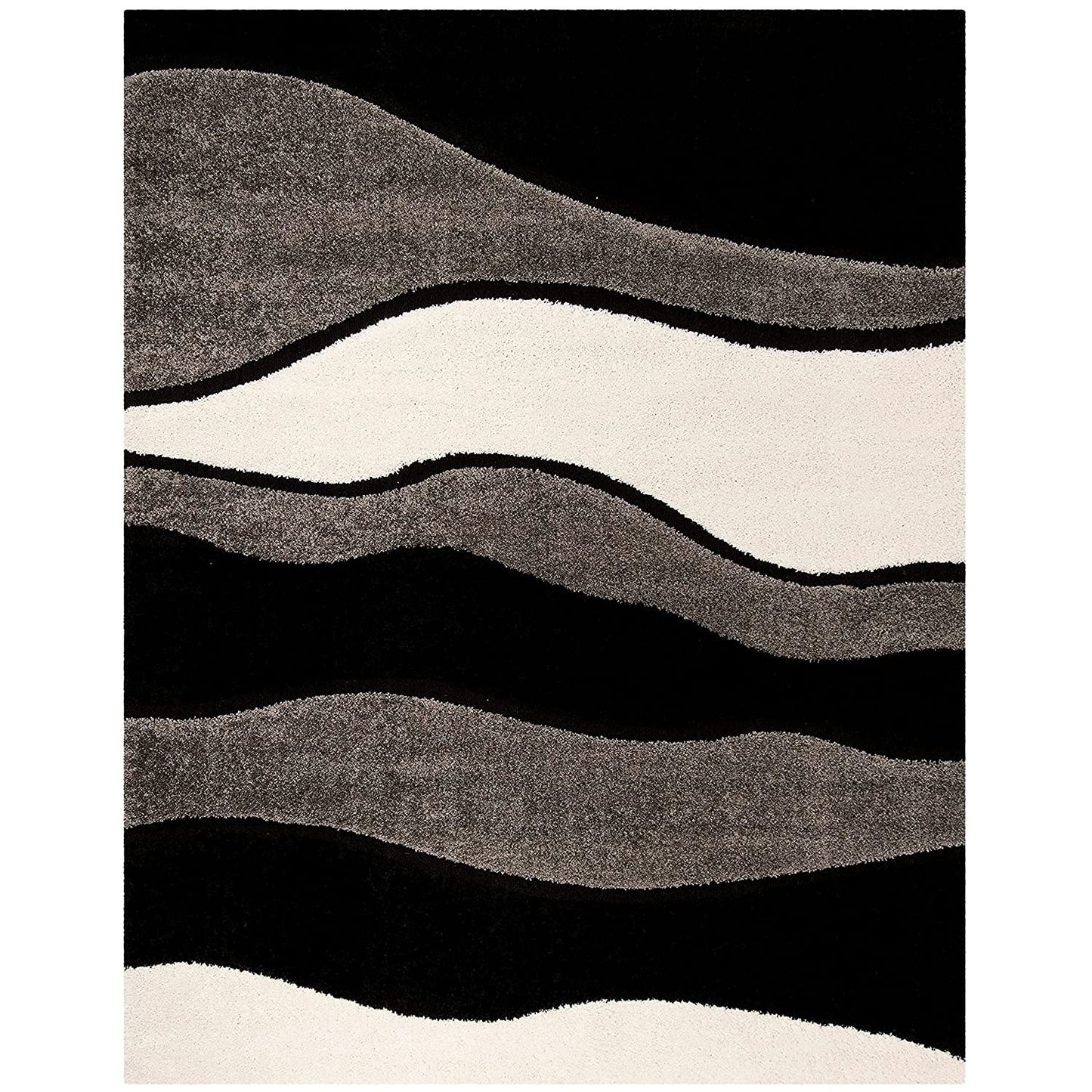 Handcrafted Super Soft Microfiber Shaggy Black Silver Ivory Wave Shape Carpet Nuha Rugs