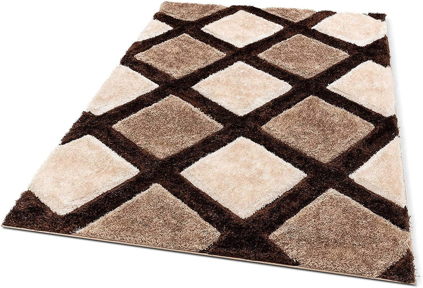 Handcrafted Super Soft Microfiber Shaggy Brown Beige Ivory Rhombus Shape Carpet Nuha Rugs