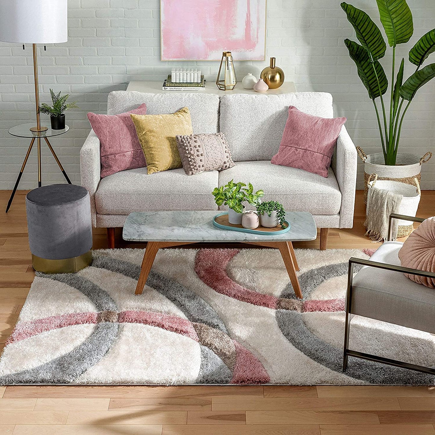 Handcrafted Super Soft Microfiber Shaggy Pink Silver Ivory Ring Shape Carpet Nuha Rugs