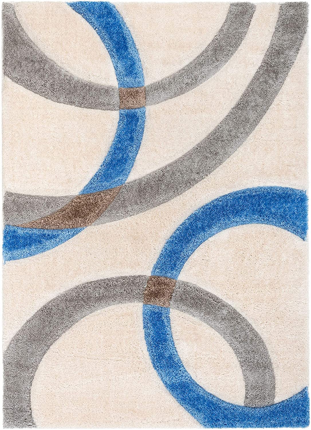 Handcrafted Super Soft Microfiber Shaggy Blue Ivory Silver Ring Shape Carpet Nuha Rugs