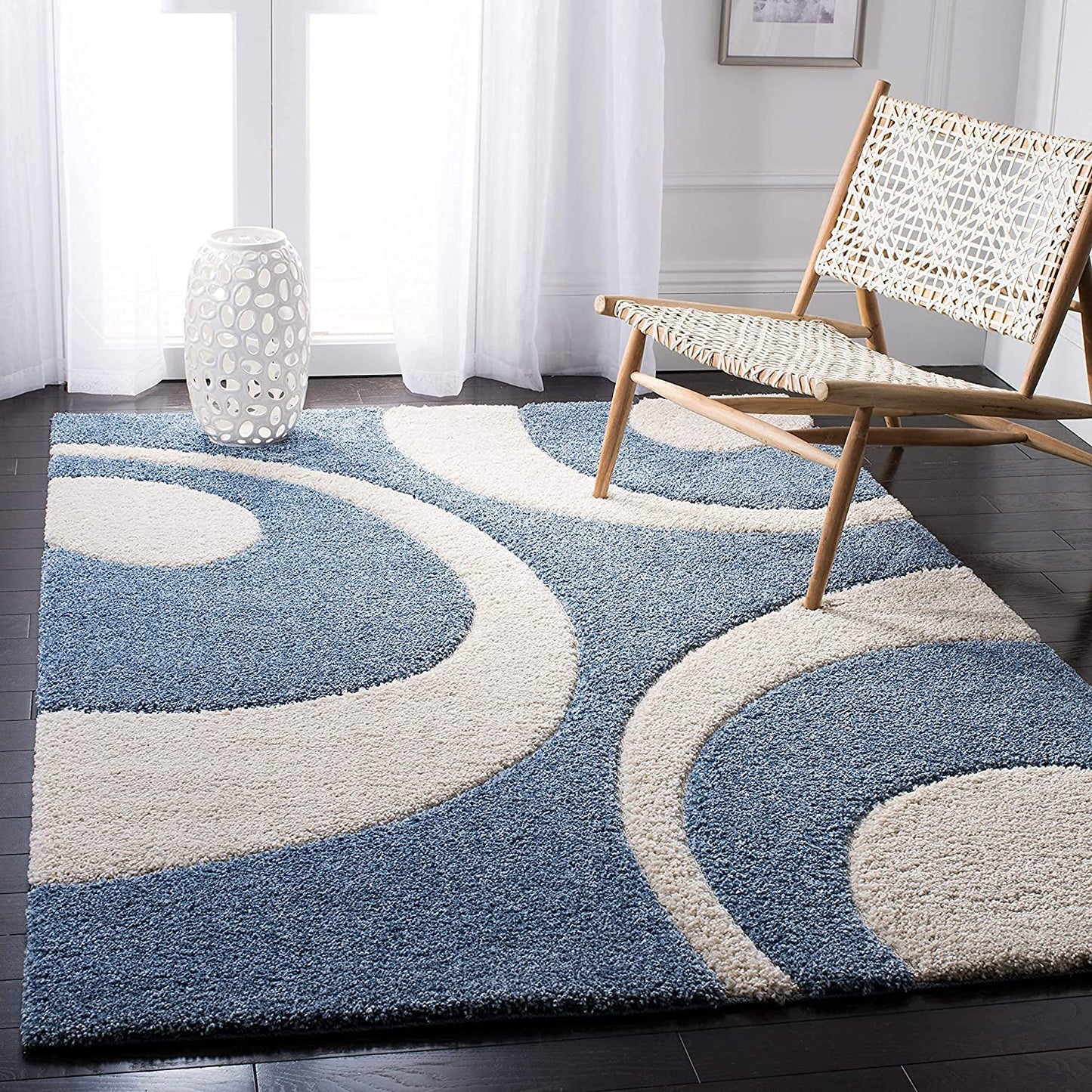 Handcrafted Super Soft Microfiber Shaggy Teal Blue Ivory Halfmoon Carpet Nuha Rugs