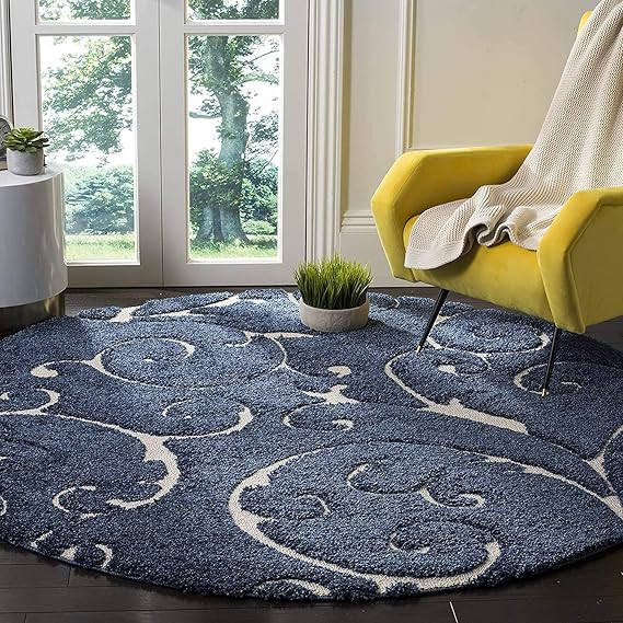 Handcrafted Super Soft Microfiber Shaggy Blue Flower Round Carpet Nuha Rugs