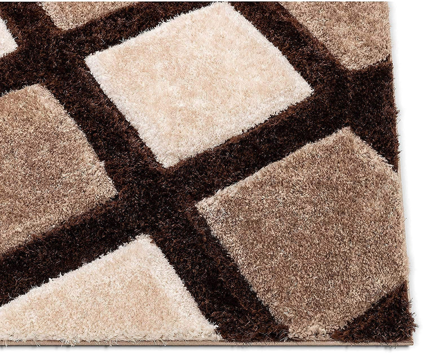 Handcrafted Super Soft Microfiber Shaggy Brown Beige Ivory Rhombus Shape Carpet Nuha Rugs