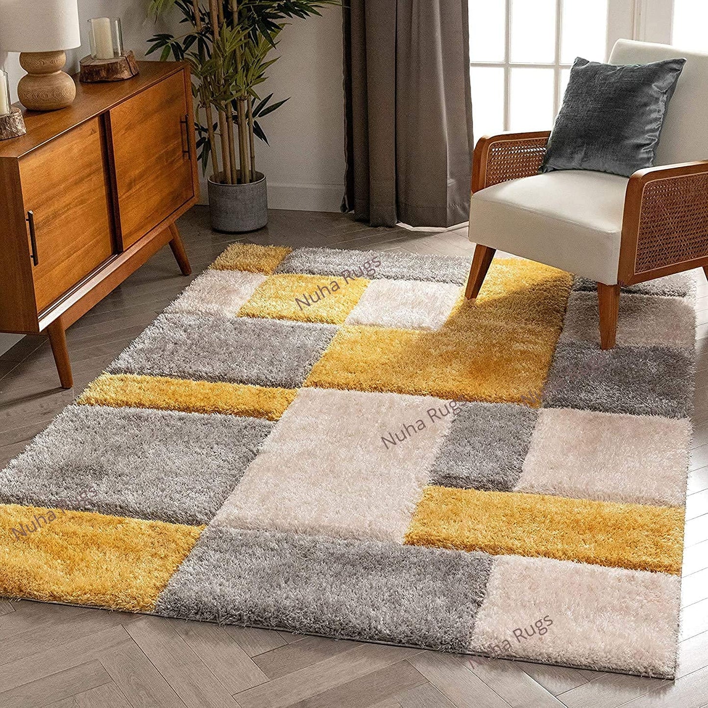 Handcrafted Super Soft Microfiber Shaggy Yellow Silver Ivory Box Shape Carpet Nuha Rugs