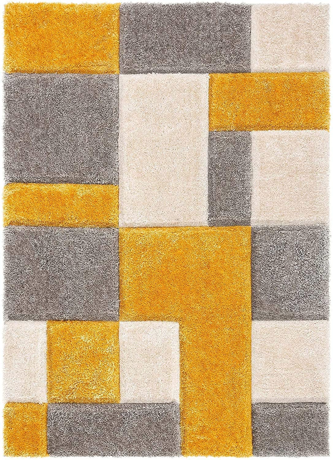 Handcrafted Super Soft Microfiber Shaggy Yellow Silver Ivory Box Shape Carpet Nuha Rugs