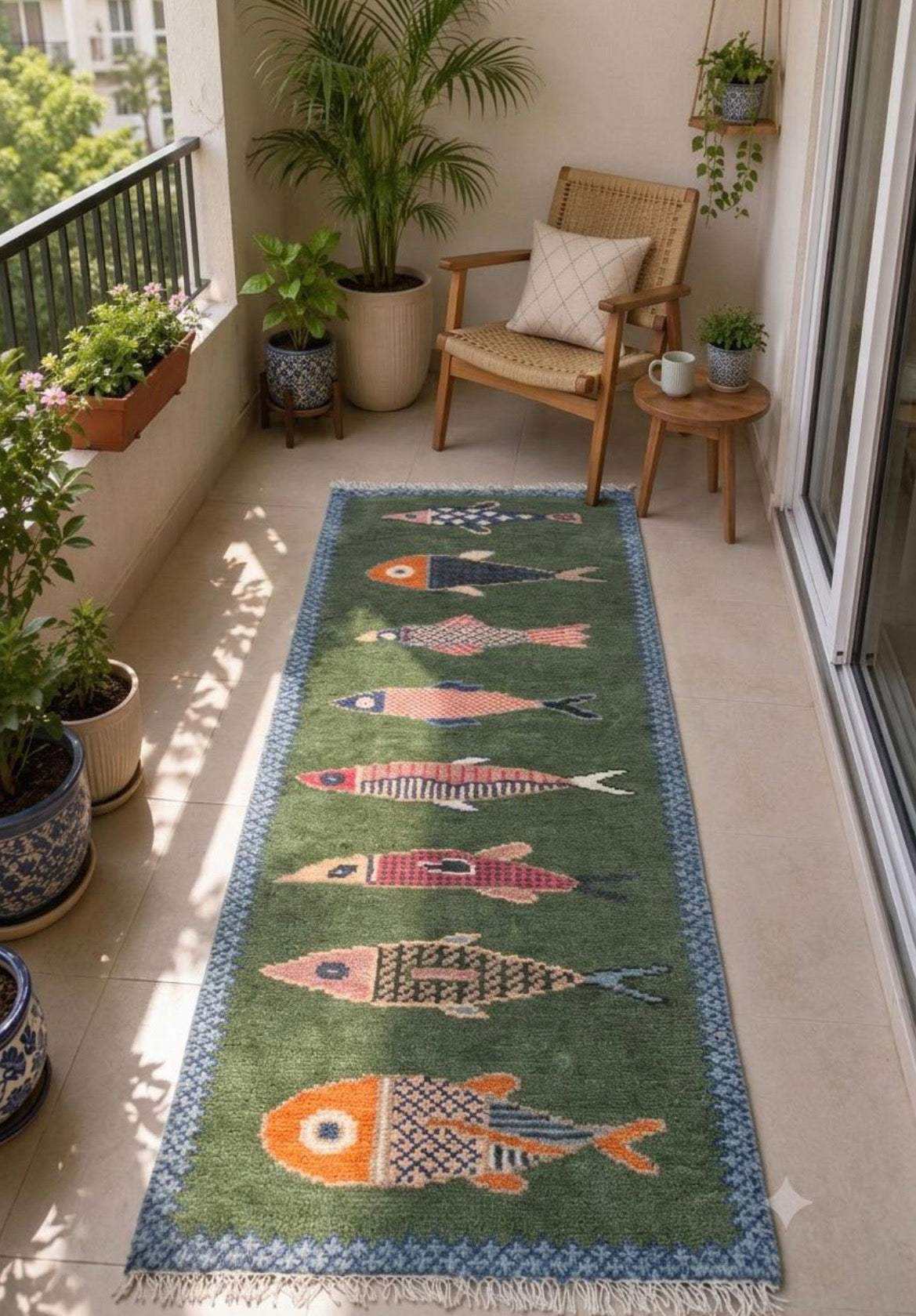 Hand Knotted Oushak Fish Rug, Fish Runner Rug, Nautical Area Rug, Coastal Home Decor, Boho Fish Rug, Colorful Wool Rug, Unique Nursery Rug
