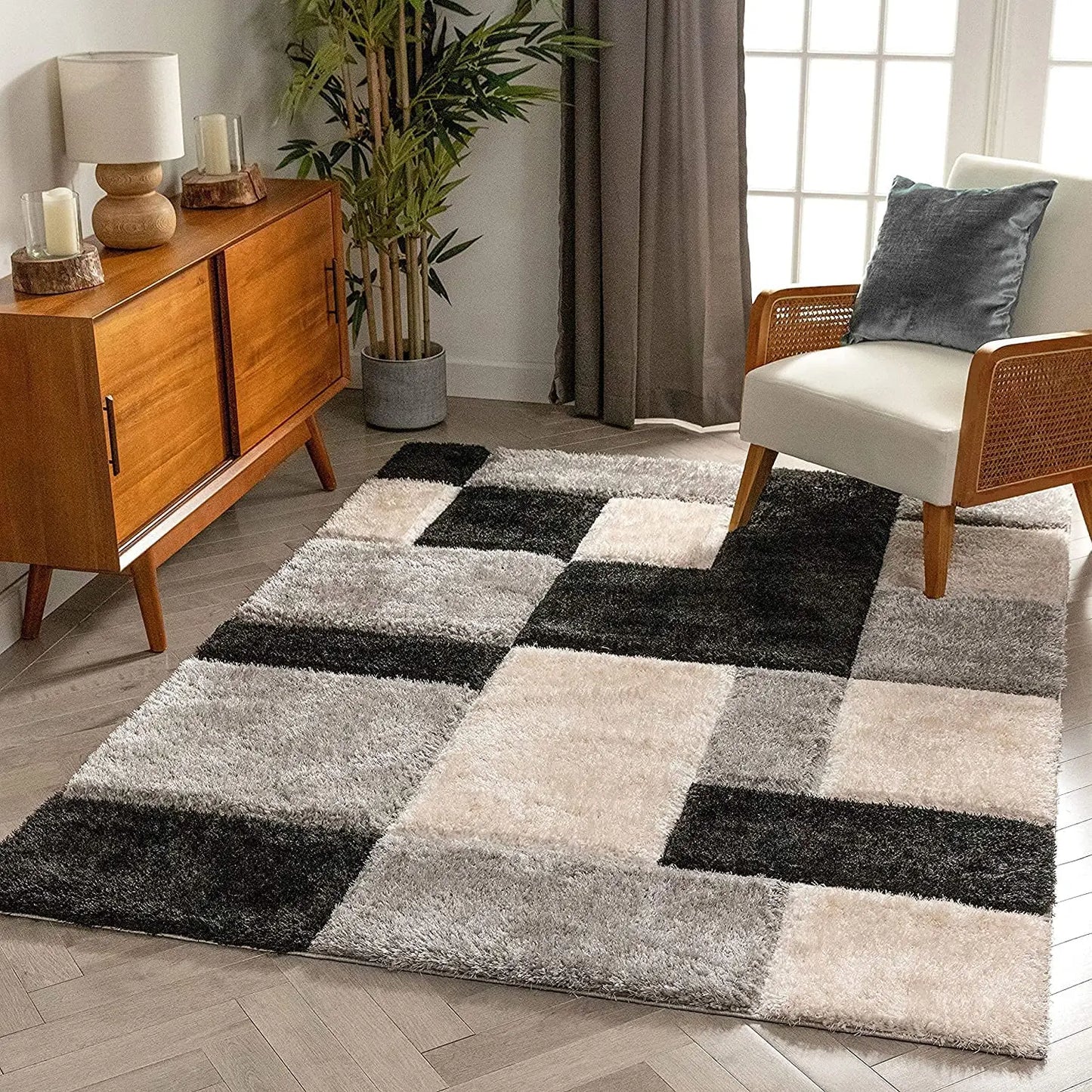 Handcrafted Super Soft Microfiber Shaggy Black Silver Ivory Carpet Nuha Rugs