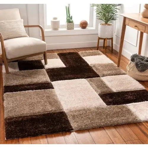Handcrafted Super Soft Microfiber Shaggy Brown Beige Ivory Carpet Nuha Rugs