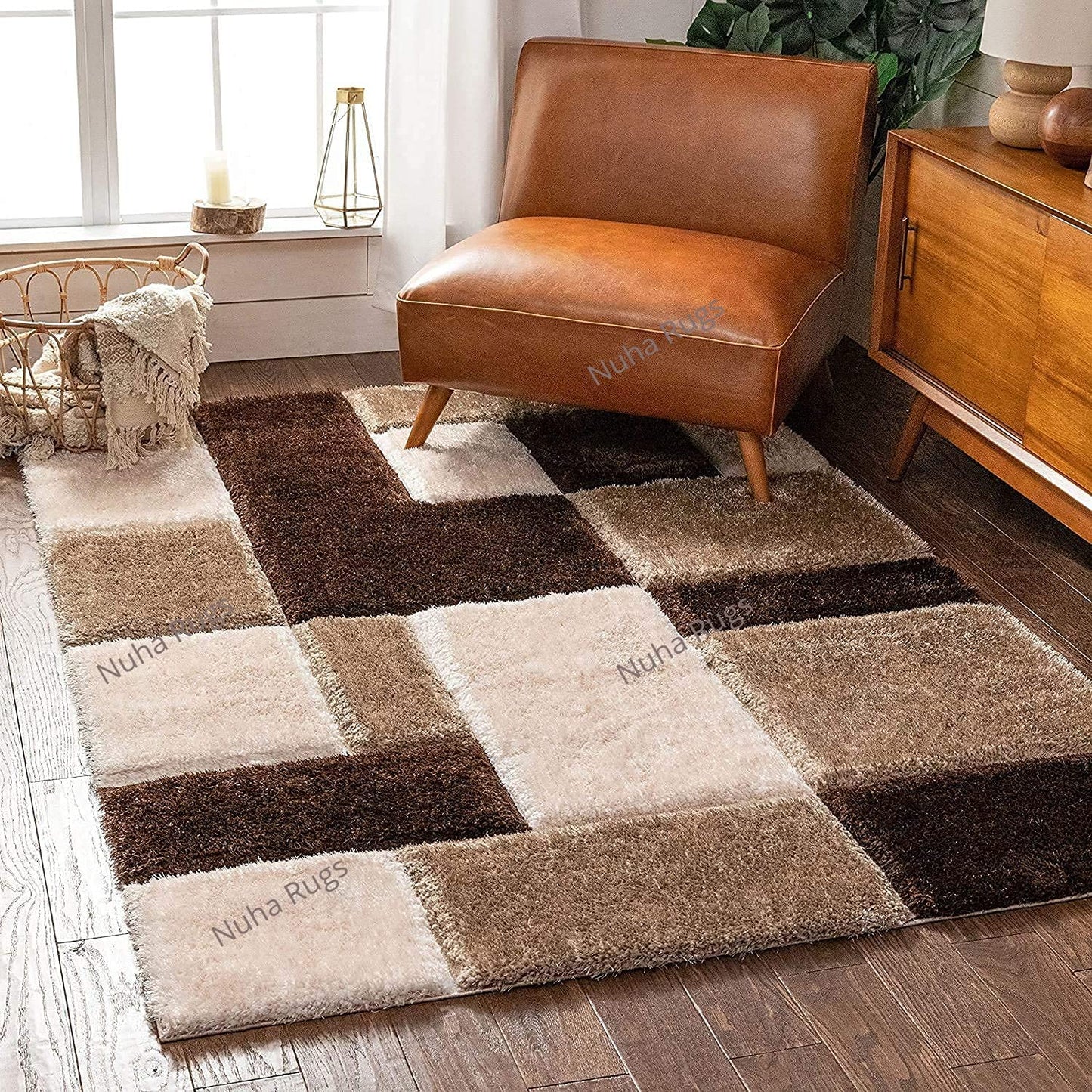 Handcrafted Super Soft Microfiber Shaggy Brown Beige Ivory Carpet Nuha Rugs