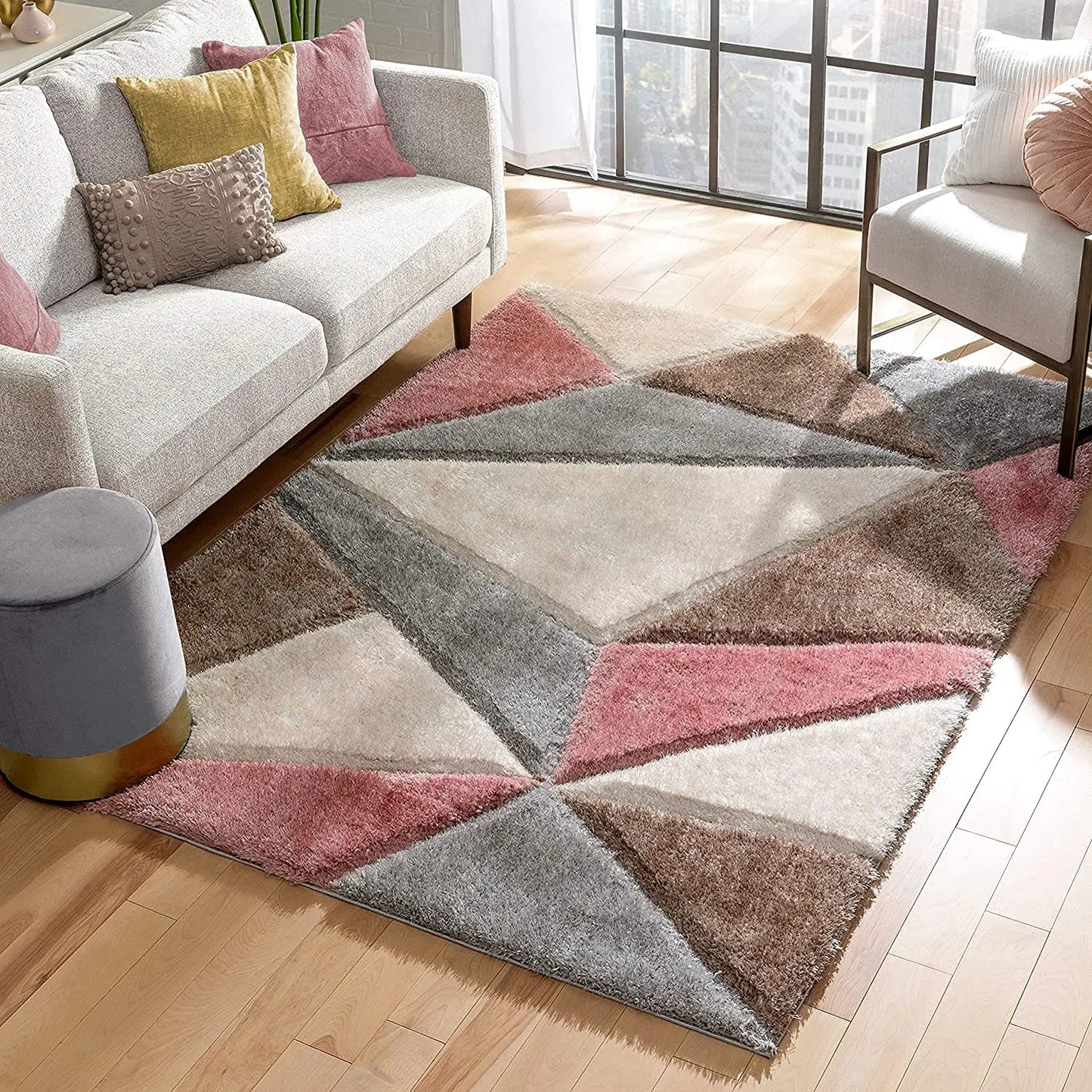 Handcrafted Super Soft Microfiber Shaggy Pink Silver Beige Ivory Carpet Nuha Rugs