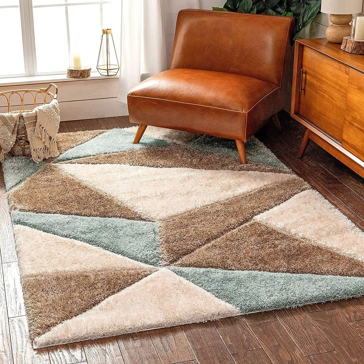 Handcrafted Super Soft Microfiber Shaggy Sky Blue Beige Ivory Carpet Nuha Rugs