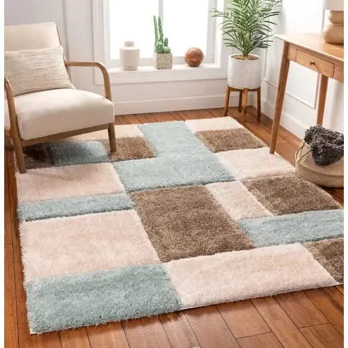 Handcrafted Super Soft Microfiber Shaggy Sky blue Beige Ivory Carpet Nuha Rugs