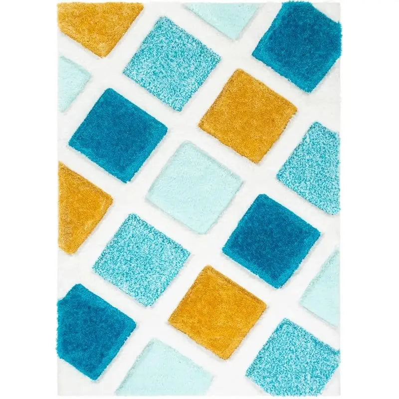 Handcrafted Super Soft Microfiber Shaggy Yellow Turquoise Ivory Carpet Nuha Rugs