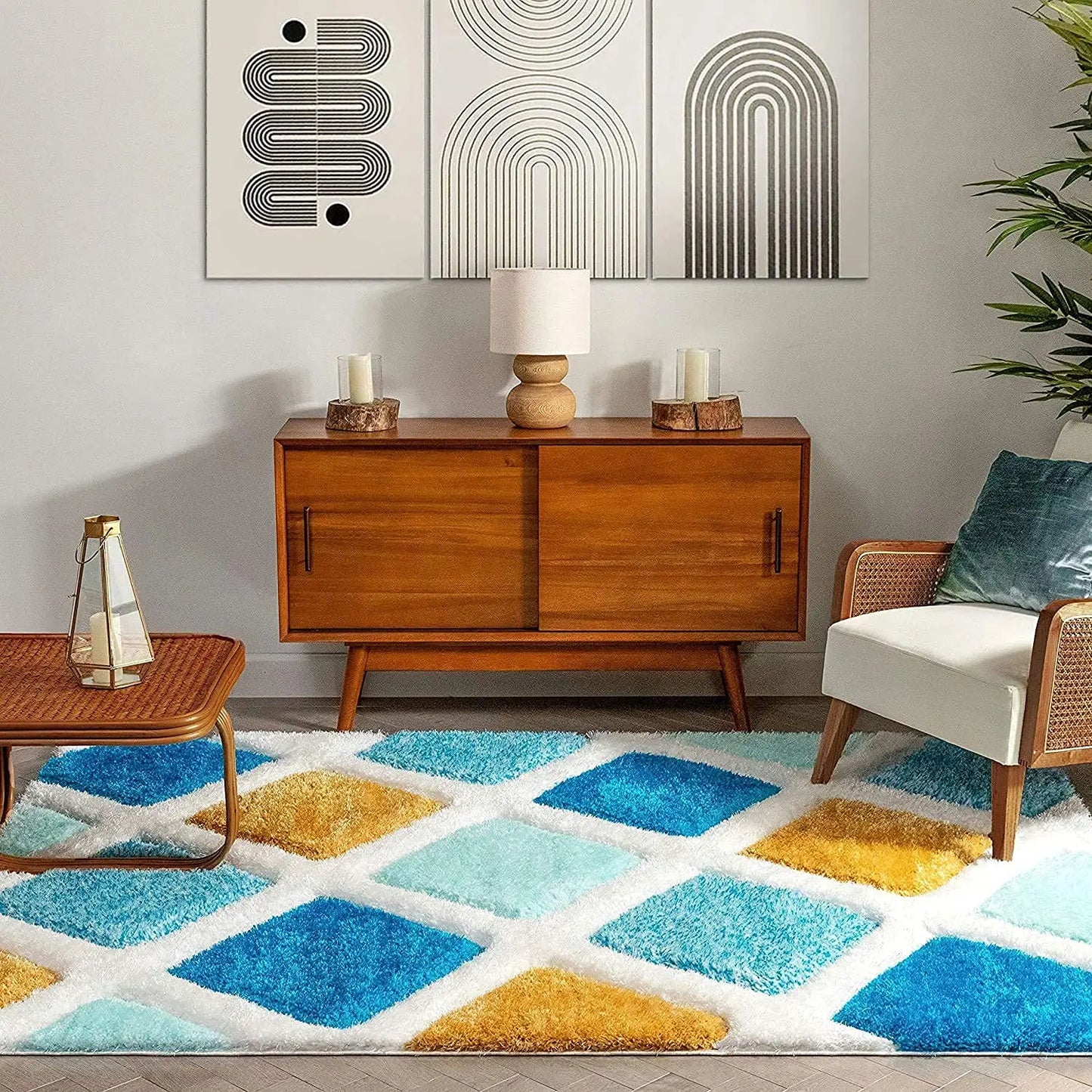 Handcrafted Super Soft Microfiber Shaggy Yellow Turquoise Ivory Carpet Nuha Rugs