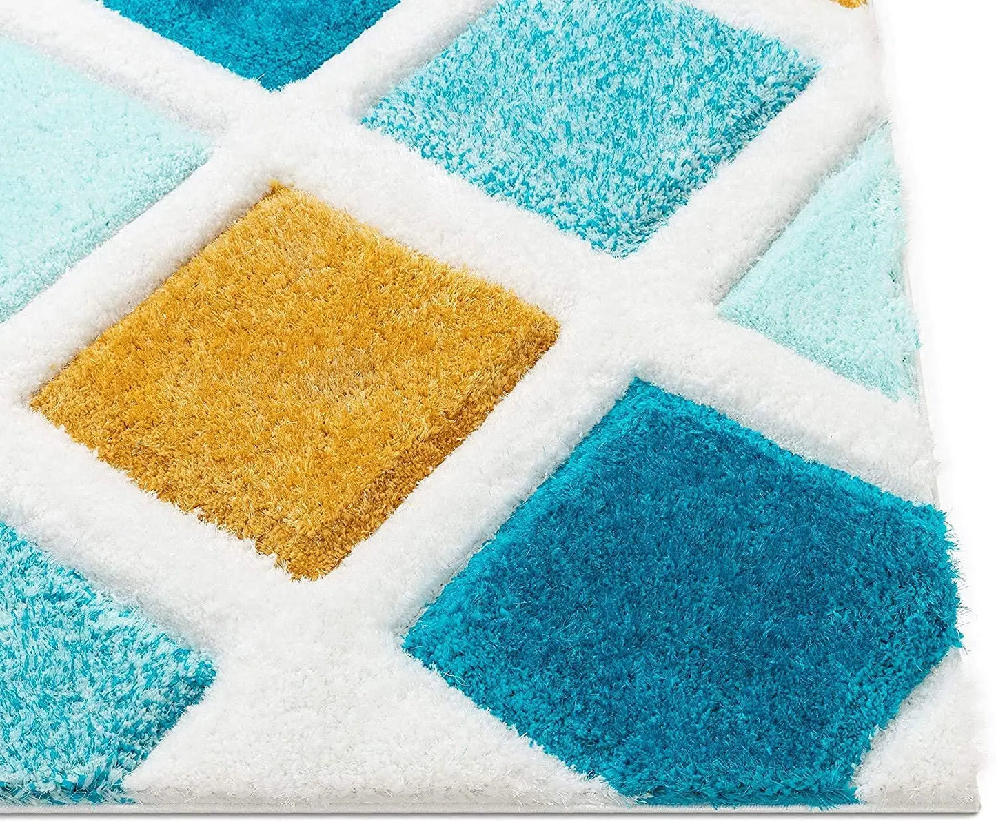 Handcrafted Super Soft Microfiber Shaggy Yellow Turquoise Ivory Carpet Nuha Rugs