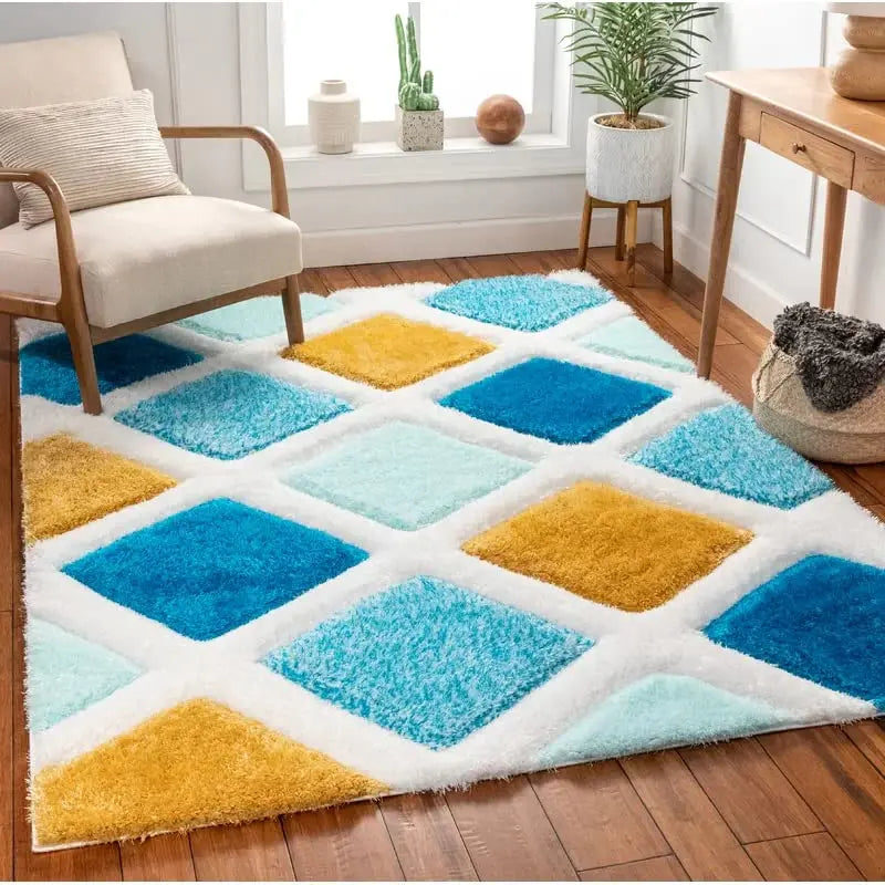 Handcrafted Super Soft Microfiber Shaggy Yellow Turquoise Ivory Carpet Nuha Rugs