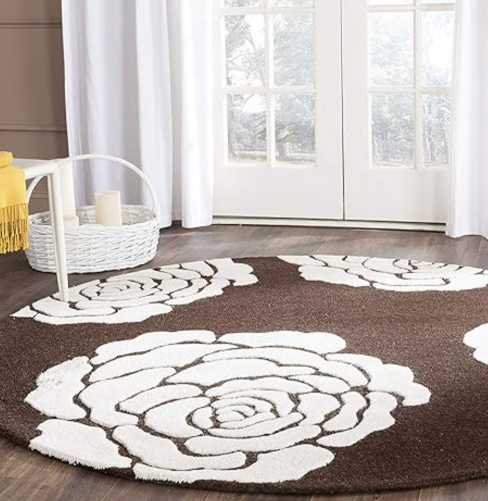 Round Floral Carpet for Living Room – Soft & Stylish Brown and White Rose Design Rug – Modern Home Decor