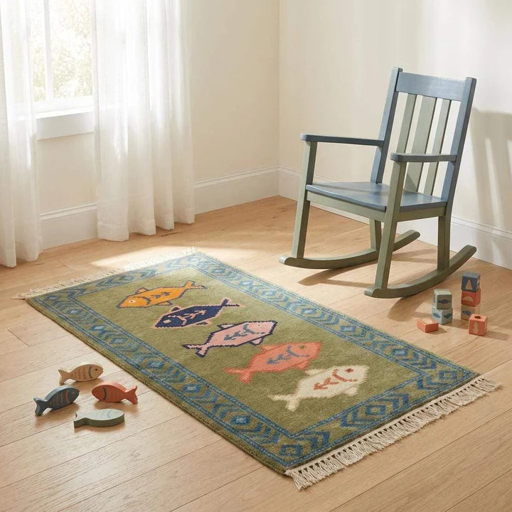 Hand Knotted Oushak Fish Rug, Fish Runner Rug, Nautical Area Rug, Coastal Home Decor, Boho Fish Rug, Colorful Wool Rug, Unique Nursery Rug (Copy)
