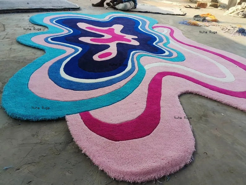 Irregular Shaped Handmade Wool Rug | Modern Colourful Stripe Premium Area Rug Perfect for Home Decor Nuha Rugs