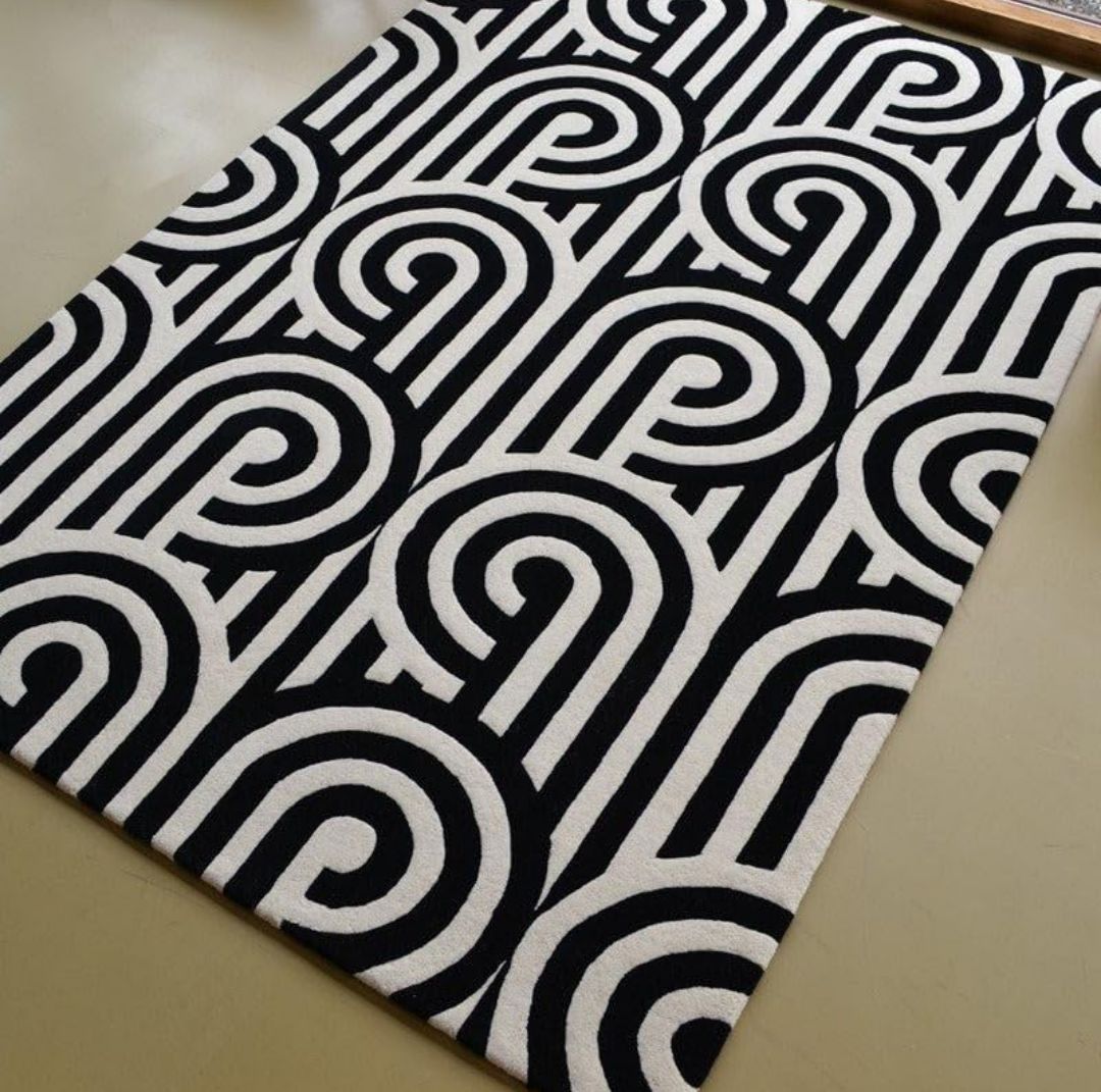 Modern Black and White Geometric Rug – Hand-Tufted Wool Area Carpet – Retro Arch Pattern for Living Room or Bedroom Decor