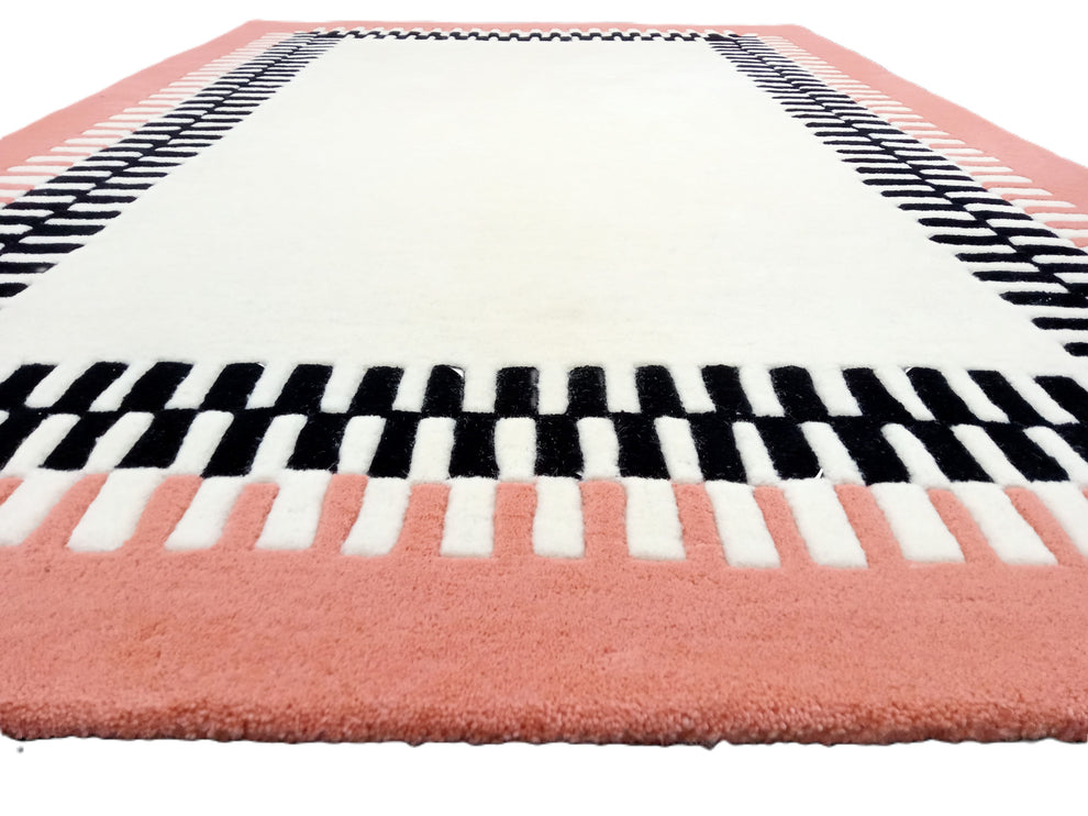 Pink Border Area Rug with Black and White Geometric Frame – Modern Hand-Tufted Wool Carpet for Living Room, Bedroom & Contemporary Home Décor
