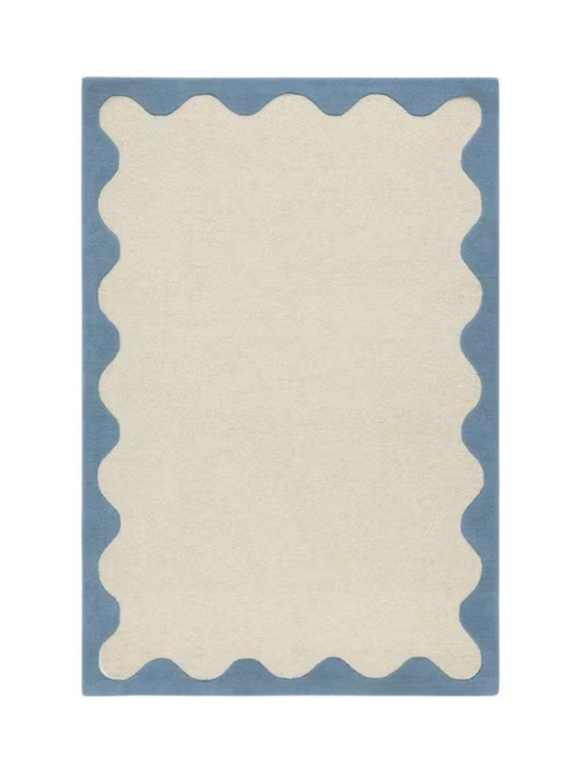 Modern Wavy Border Area Rug – Minimalist Cream Carpet with Blue Edge for Living Room, Bedroom & Contemporary Home Décor